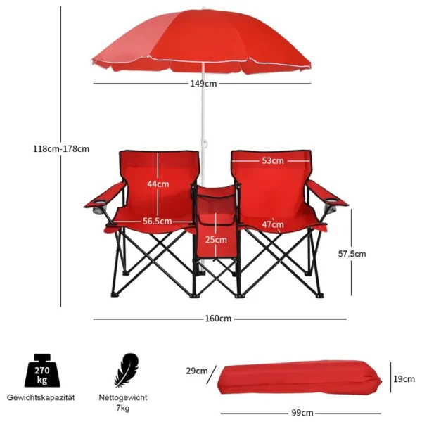 Goplus - Doppelte tragbare Picknickstühle, klappbare Campingstühle mit abnehmbarem Regenschirm, Kühltasche, Getränkehalter, Terrasse, Strand, Outdoor-Campingstühle - Image 4