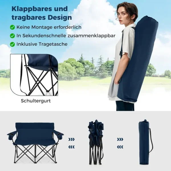 Goplus - Doppelte tragbare Picknickstühle, klappbare Campingstühle mit abnehmbarem Regenschirm, Kühltasche, Getränkehalter, Terrasse, Strand, Outdoor-Campingstühle - Image 9