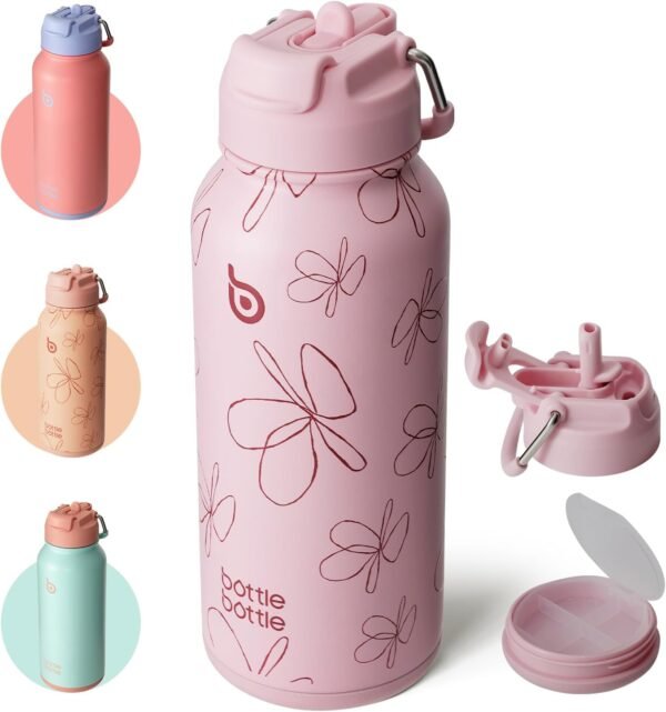 Isolierte Wasserflasche, 950ml (32oz) Edelstahl-Sportwasserflasche mit Strohhalm, Dual-Use-Deckel, Gym-Getränkeflaschen-Design mit Pillenbox - Image 6