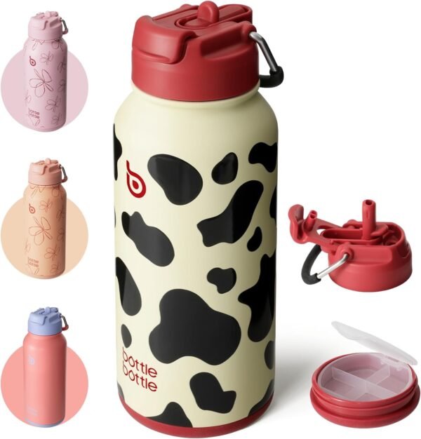 Isolierte Wasserflasche, 950ml (32oz) Edelstahl-Sportwasserflasche mit Strohhalm, Dual-Use-Deckel, Gym-Getränkeflaschen-Design mit Pillenbox - Image 5