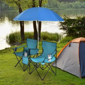 Goplus - Doppelte tragbare Picknickstühle, klappbare Campingstühle mit abnehmbarem Regenschirm, Kühltasche, Getränkehalter, Terrasse, Strand, Outdoor-Campingstühle