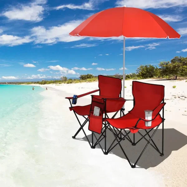 Goplus - Doppelte tragbare Picknickstühle, klappbare Campingstühle mit abnehmbarem Regenschirm, Kühltasche, Getränkehalter, Terrasse, Strand, Outdoor-Campingstühle - Image 3