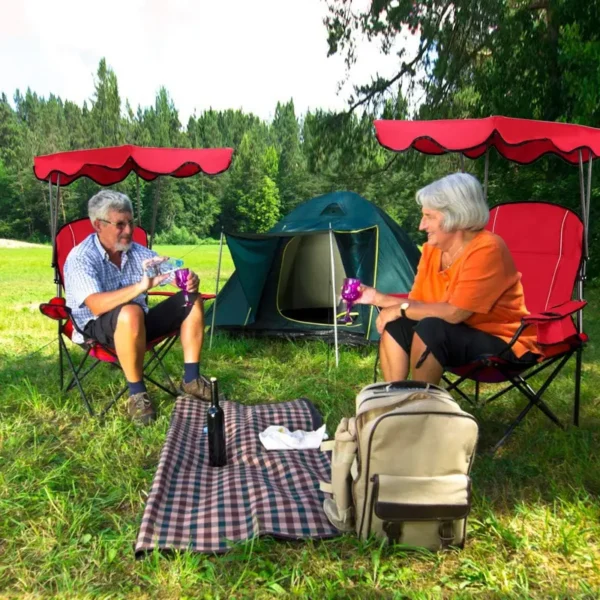 Goplus - Doppelte tragbare Picknickstühle, klappbare Campingstühle mit abnehmbarem Regenschirm, Kühltasche, Getränkehalter, Terrasse, Strand, Outdoor-Campingstühle - Image 8