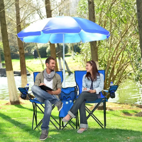 Goplus - Doppelte tragbare Picknickstühle, klappbare Campingstühle mit abnehmbarem Regenschirm, Kühltasche, Getränkehalter, Terrasse, Strand, Outdoor-Campingstühle - Image 7